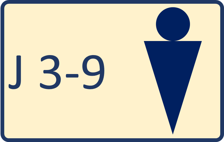Schild mit Raumnummer J 3-09 und Symbol für eine Herrentoilette
