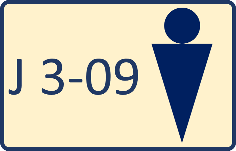 Schild mit Raumnummer J 3-09 und Symbol für eine Herrentoilette