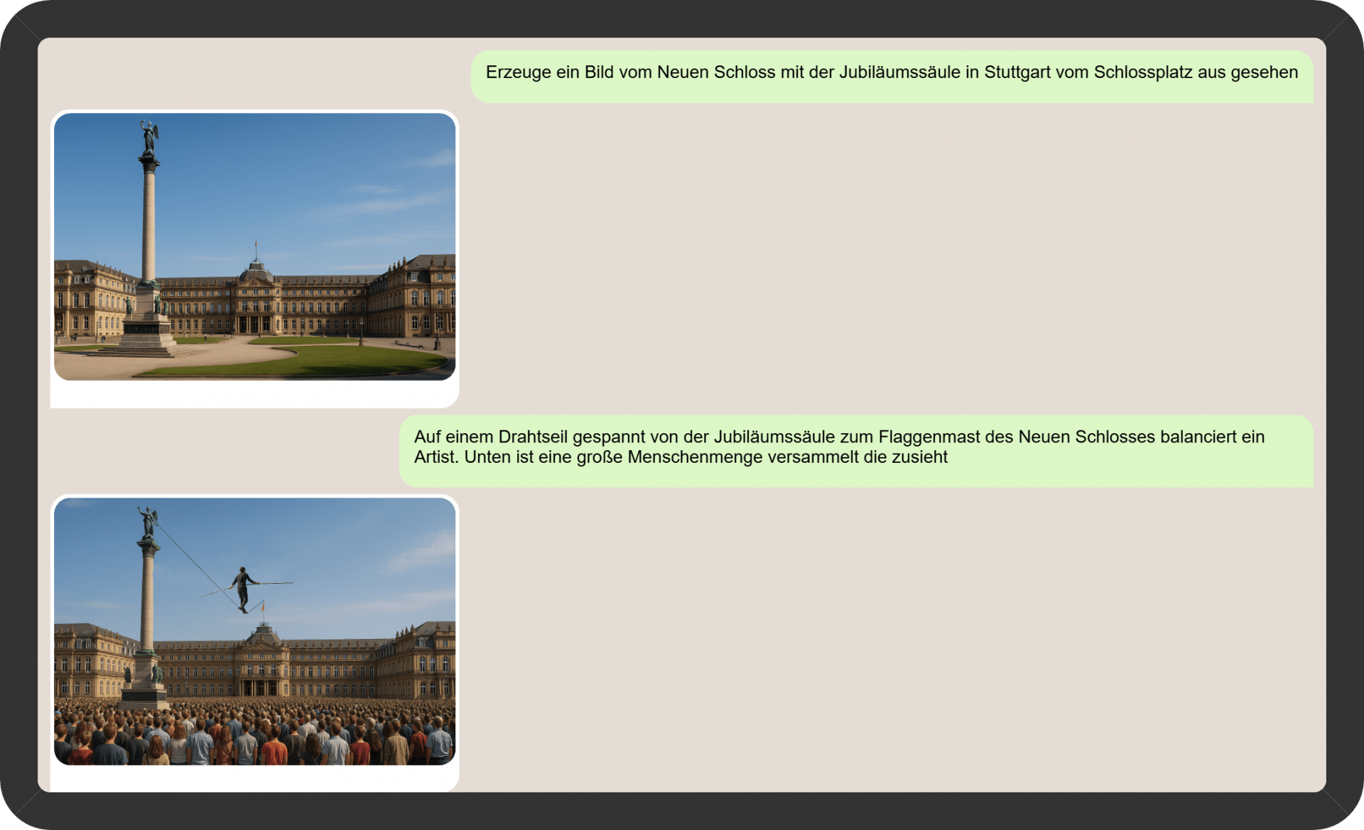 Chat mit einem Chatbot zur Bilderzeugung: ein Bild des Neuen Schlosses in Stutttgart wird erzeugt.